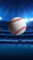 Baseball in Spotlight: Dramatic Stadium Lighting and Vibrant Blue Background