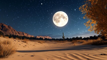 Desert landscape under a full moonlit sky filled with stars.  A large, bright moon shines above a vast desert with dunes, a cactus, and distant mountains.  Autumn colors paint the trees