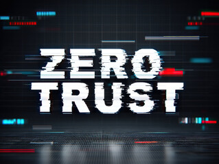 Zero trust text with glitch effect on digital background, concept of cybersecurity and data protection