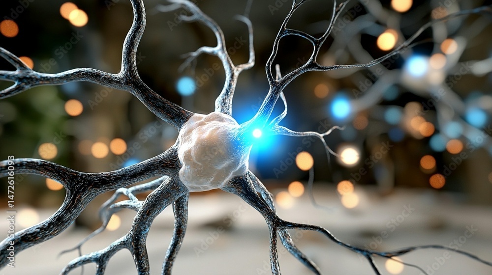 Poster detailed close-up of a neuron, showing intricate branching and connections. neural activity, potenti