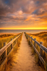 Fototapeta premium Picturesque beach boardwalk path leading to the horizon during a golden sunset