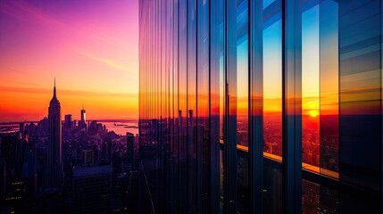 Manhattan cityscape with glass facade skyscraper reflecting sunset skies view