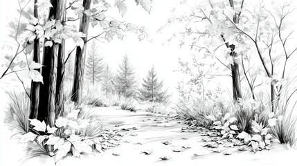 Detailed pencil sketch of a tranquil forest path.  A grayscale woodland scene with trees, foliage, and fallen leaves