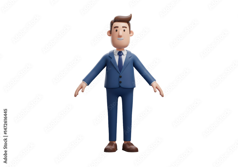Fototapete 青色のスーツとネクタイを身に着けている3dビジネスマンキャラクターが透明な背景に対して笑顔で立っている全身像