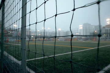 Soccer field in fog with stadium lights glowing.