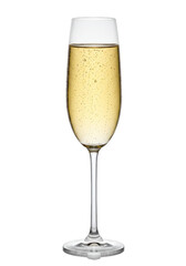 Elegant champagne flute filled with bubbly golden liquid, standing against a black background