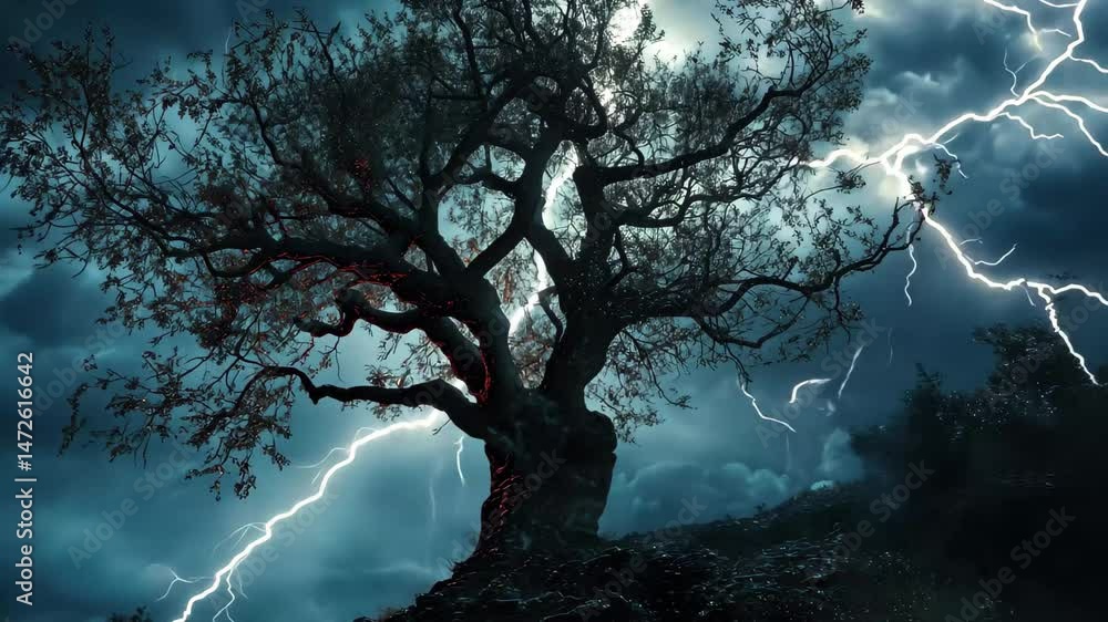 Poster lightning strikes tree during thunderstorm in dramatic nature scene, a tree with thunderstorm lightn