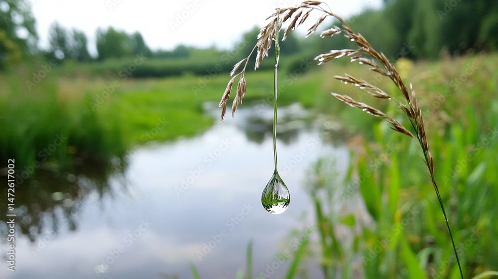 Poster dewdrop hangs from grass by a tranquil stream. a clear, glistening dewdrop hangs from a blade of gra