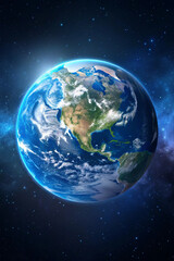 Fototapeta premium Realistic earth globe floating in space with atmosphere and illuminated sunlight.