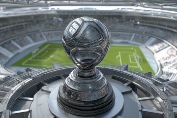 Silver soccer trophy in an empty stadium.