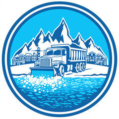 Snow Plow Truck Illustration in Winter Landscape with Mountains - Blue Palette Circular Logo for Winter Services in Rural Communities