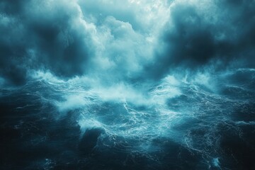 Churning ocean waves under dark storm clouds at twilight displaying raw natural power and beauty