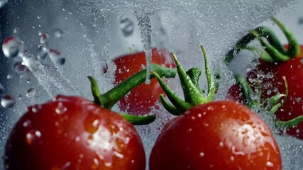 Fresh water splashes on vibrant cherry tomatoes creating a refreshing scene, Fresh water splash on red Cherry tomatoes Shot on super slow motion camera 1000 fps - Powered by Adobe