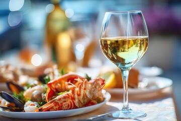 Seafood dish with a glass of white wine in a sunlit setting.