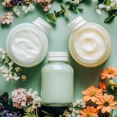 Botanical beauty: Natural skincare presentation with botanical infusions around