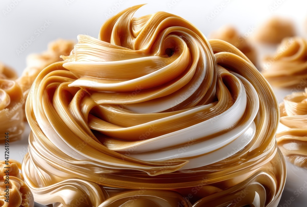 Poster creamy swirl of caramel and vanilla mixture on a bright surface with delicate decorative elements in