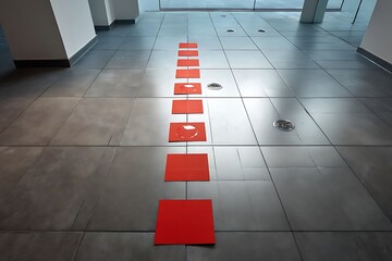 Minimalist Red Squares on Grey Tiles Interior Design