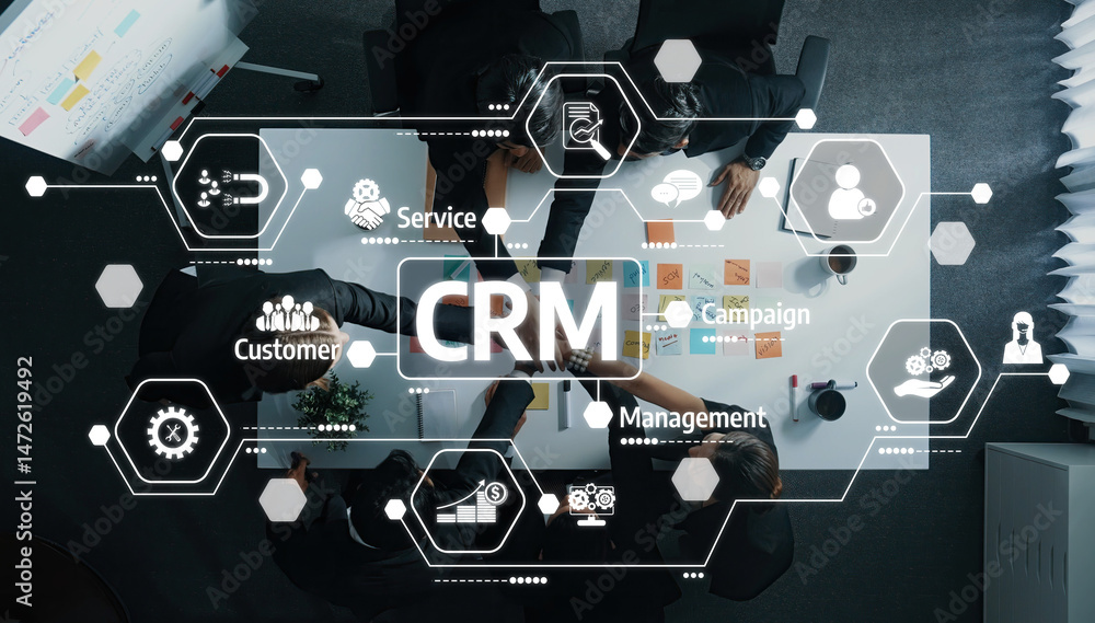 Poster a dynamic modern office scene featuring a diverse team collaborating on crm strategies, surrounded b