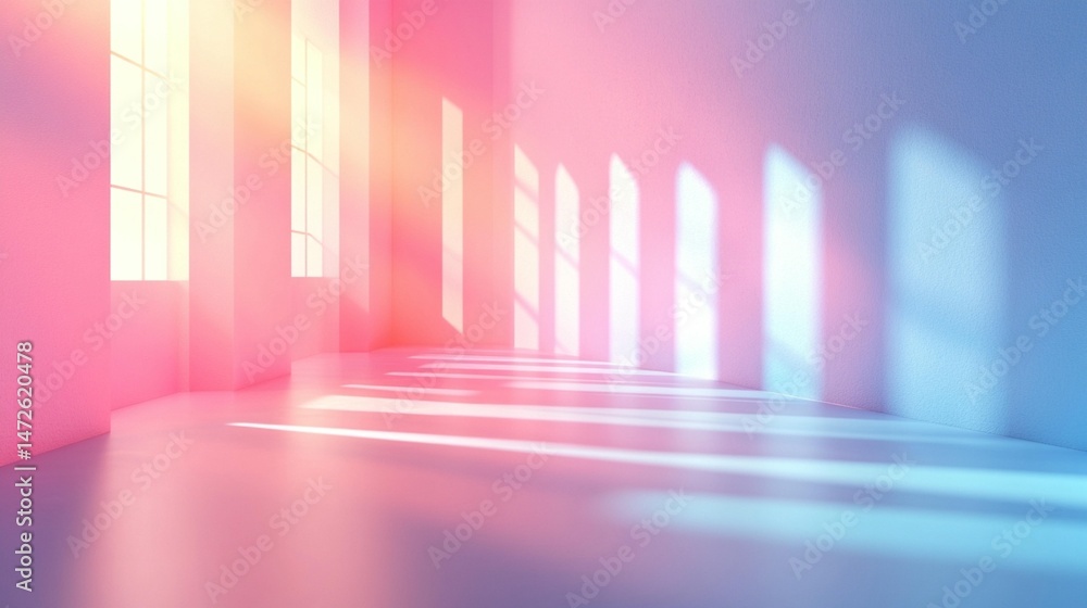 Poster empty room with soft, pastel colored light streaming through large windows. shadows are cast across 