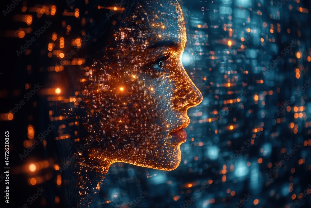 Poster digital art depicting a woman's profile illuminated by glowing circuits and data patterns in a futur