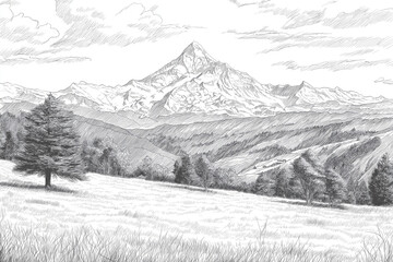 Monochrome Mountain Landscape Sketch: Hand-Drawn Rocky Peaks and Spring Meadow