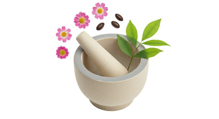 Isolated Mortar and Pestle with Herbal Elements