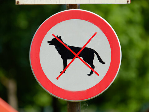 Close-up photo of a no dogs allowed sign with a blurry, background, Jarun Lake, Zagreb, Croatia