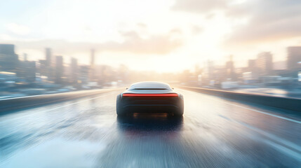 Sleek electric vehicle accelerates towards the modern cityscape on a wet road