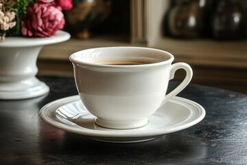 Fototapeta premium Cup of coffee on table with flowers in background.