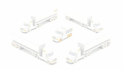 Isometric illustration showing multiple white semi-trucks with trailers, on a white background.