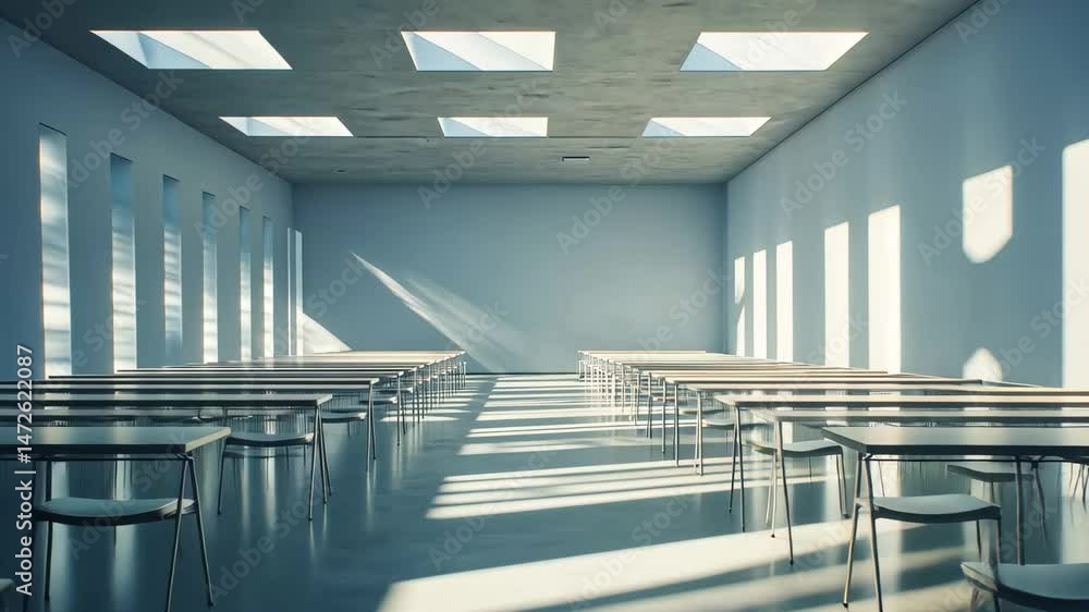 Poster Brightly lit classroom with empty rows of desks and shadows creating a serene atmosphere during daytime, brightly lit classroom, rows of desks sit empty seamless ing background