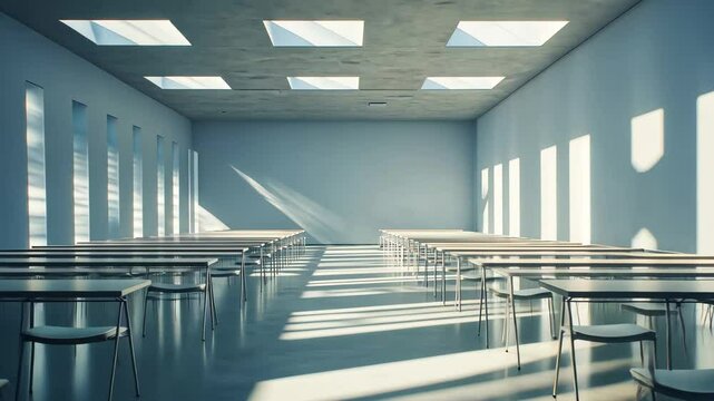 Brightly lit classroom with empty rows of desks and shadows creating a serene atmosphere during daytime, brightly lit classroom, rows of desks sit empty seamless ing background