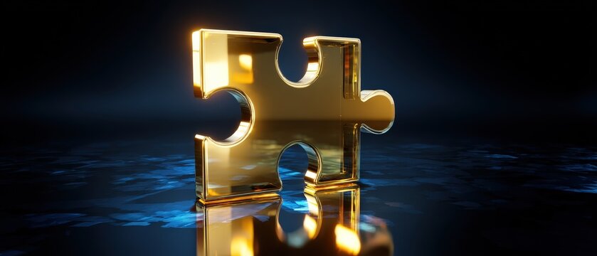 Golden puzzle piece shining against a dark background.