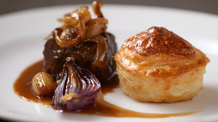 Savory Slow Braised Beef Cheeks with Ale Reduction and Golden Puff Pastry Garnish in Gourmet Culinary Presentation