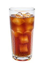 A tall glass filled with ice cubes and a dark liquid, condensation visible on its exterior