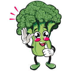 Cute broccoli vegatable vektor illustration mascot character wave hand and give a thumbs up sign, work of hand drawn