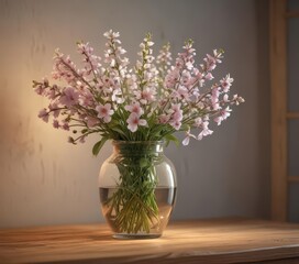 Delicate spring flowers in vase, wooden surface, soft lamp glow ,  calm,  image,  bloom