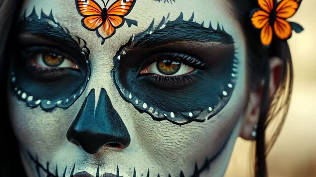 Close up of a beautiful woman adorned with Santa Muerte face paint in natural light, Close up of a beautiful woman with the Santa Muerte skull painted on her face