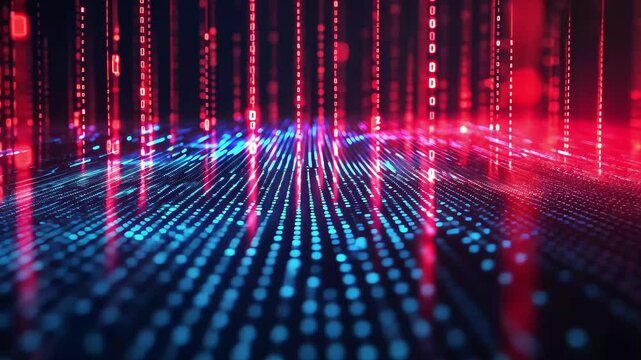Abstract digital background showcasing glowing binary code in vibrant colors and dynamic patterns, Abstract digital background with glowing binary code in blue and red