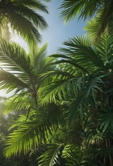 Fototapeta premium Deep green palm fronds, sunlight dappled, rich tropical atmosphere , jungle, jungle leaf