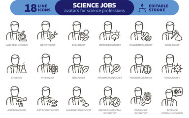 Science jobs icon set. Thin line editable stroke icons for research, laboratory, biology, chemistry, physics, communication and research professions. Character avatars