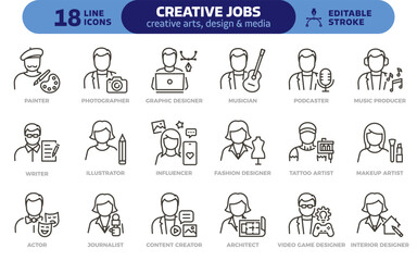 Creative jobs icon set. Thin line editable stroke icons illustration for arts, design, media, content, music, fashion professions careers