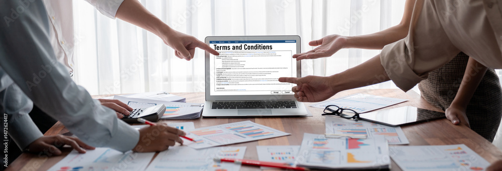 Poster Digital legal contract provide terms and conditions document on computer screen ready for online digital signature for deal agreement of future business brisk