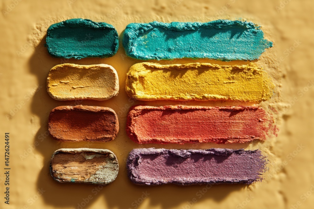 Poster colorful pigments arranged horizontally on a sand-colored canvas create a lively visual display