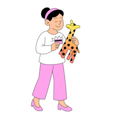A cheerful and happy child holding a cute giraffe toy while wearing cozy pajamas and smiles