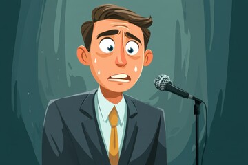 Anxious Presenter: Sweating Man with Microphone Facing the Challenge of Public Speaking