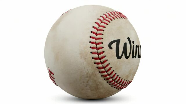 Winning Baseball - Championship Trophy - A well-worn baseball with the word "Winner" prominently displayed. The baseball's texture and faded coloring suggest a history of use and victory.  This video