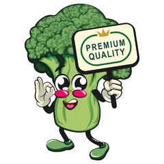Cute broccoli vegatable vektor illustration mascot character carrying a sign board that says premium quality while giving an okay sign, work of hand drawn