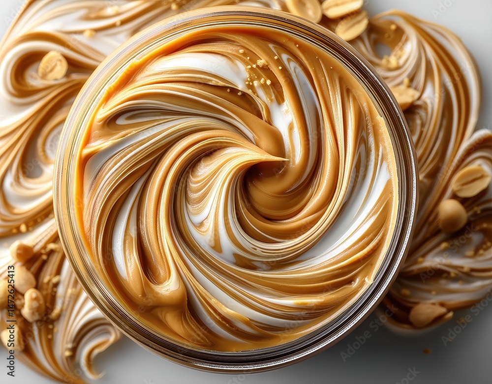 Poster creamy swirls of peanut butter and soft white mixture with crushed nuts on a smooth surface for deli