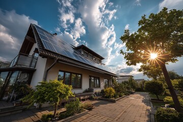 Obraz premium Solar panels on the roof of a modern eco-friendly house under a bright blue sky with clouds and sunlight, clean energy and sustainability concept